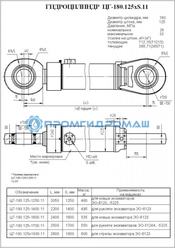 Гидроцилиндр ковша (с подш.) ЦГ-180.125х1600.11 (6123 17-13-000)